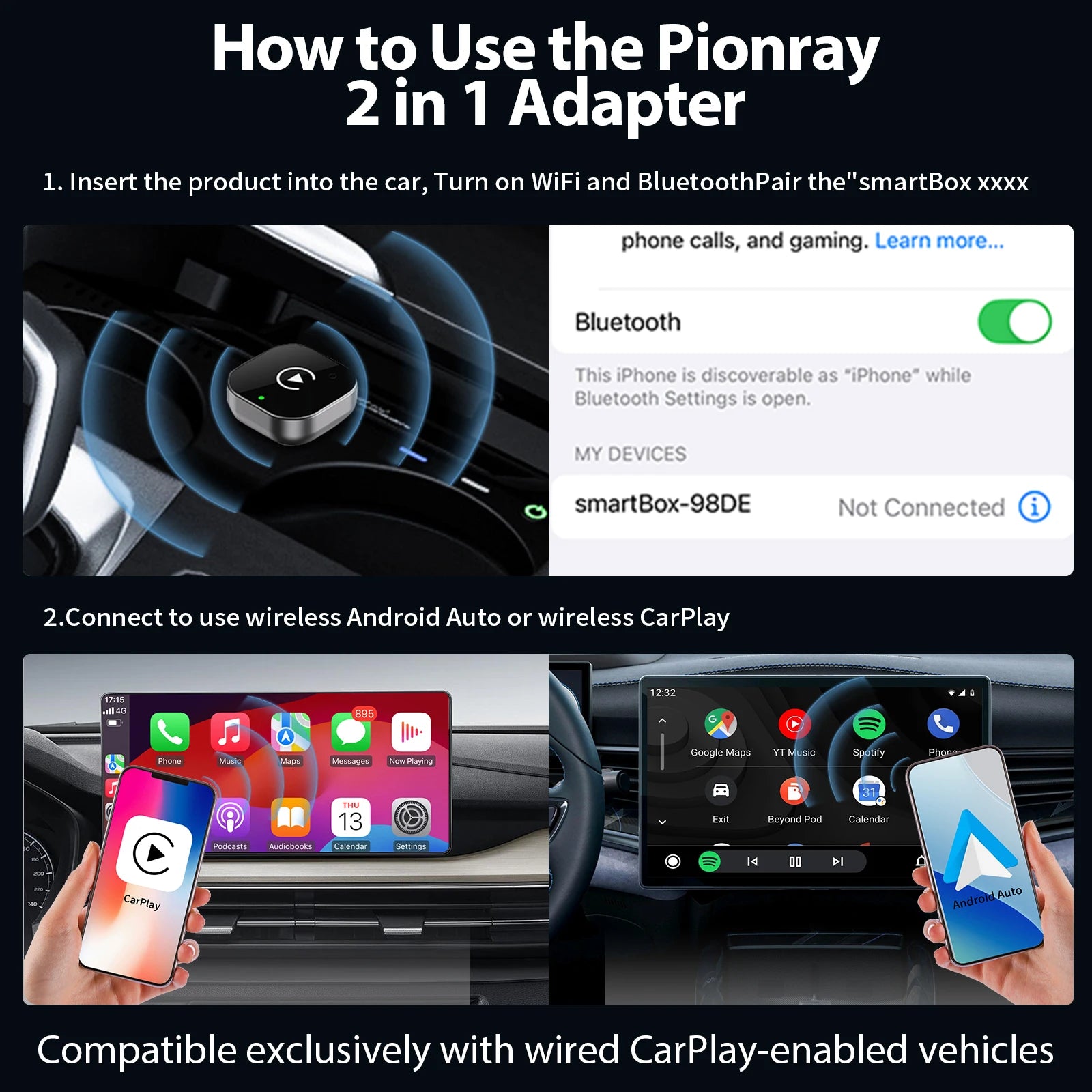 New Pionray 2 in 1 Wireless CarPlay Adapter&Android Auto Wireless